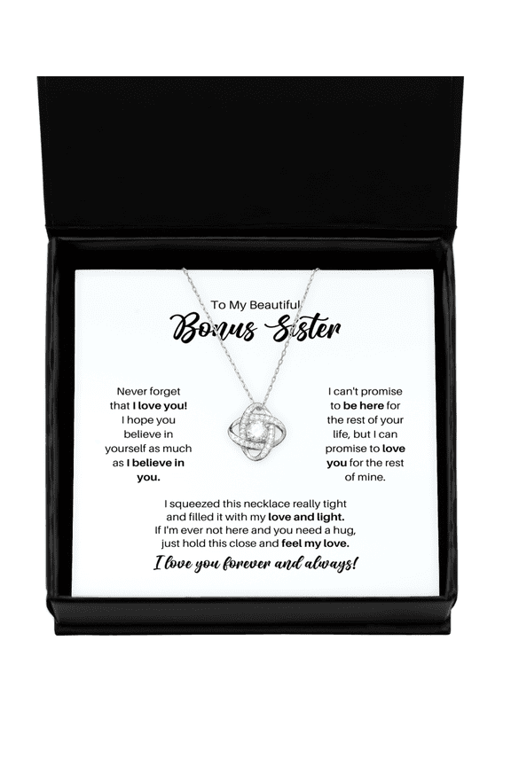 To My Bonus Sister Necklace - Promise to Love You - Love Knot Silver Necklace for Birthday, Mother's Day, Christmas - Jewelry Gift for Stepsister, Sister-in-Law, BFF