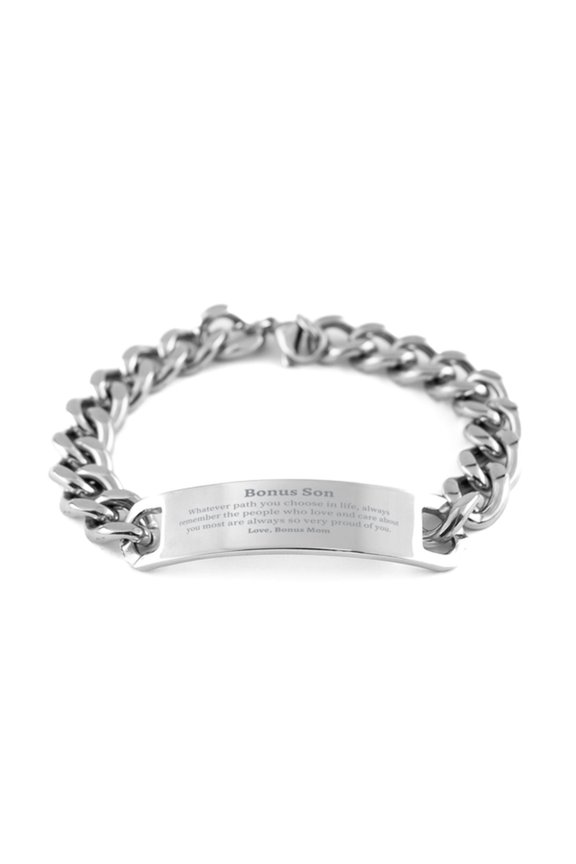 Bonus Son Cuban Chain Stainless Steel Bracelet, Always so very proud of you, Inspirational Bonus Son Birthday Supporting Gifts From Bonus Mom