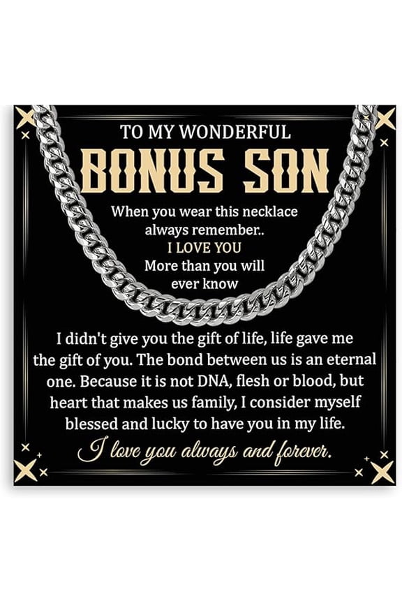 Bonus Son Necklace Gift on His Birthday, Cuban Link Chain for Stepson from Stepdad, Chain Necklace for Bonus Son, Wedding Gift for Bonus Son with Message Card and Gift Box