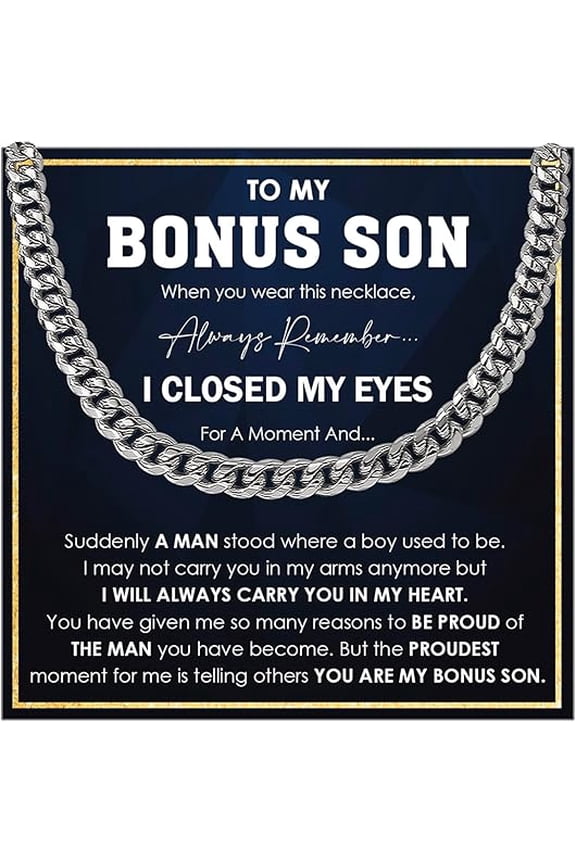 Bonus Son Necklace From Stepmom, Bonus Sons Cuban Chain, Stepson Gifts From Stepdad, Stepson Cuban Chain Necklace From Stepdad, Christmas Gifts with Message Card and Gift Box