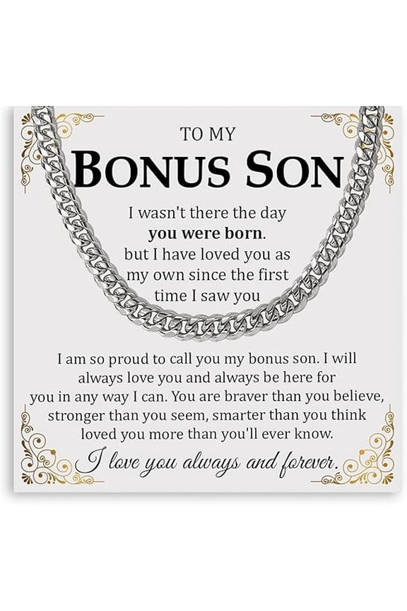 Bonus Sone Necklace Gift on His Birthday, Graduation Gift for Step Son With Message Card and Gift Box, Cuban Link Chain for Stepson from Stepdad, Chain Necklace for Bonus Son