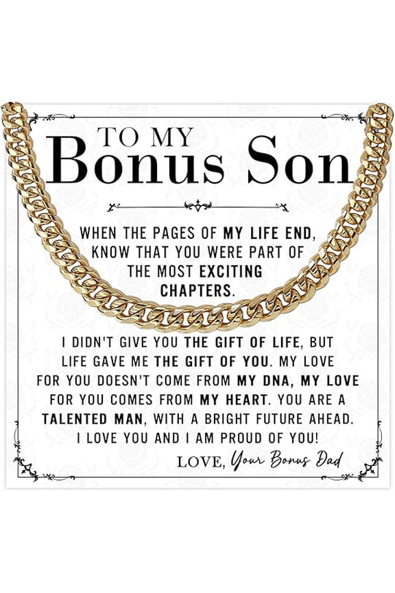 Bonus Sons Cuban Chain, Christmas Gifts with Message Card and Gift Box, Stepson Gifts From Stepdad, Bonus Son Necklace From Bonus Dad, Gold Plated Chain Necklace From Stepdad