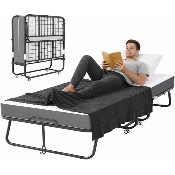 Bonusall Folding Bed with Mattress, 75" x 38" Rollaway Bed with Mattress for Adults, Space-Saving Sturdy Metal Fold Up Beds, Portable Foldable Bed with 5" Thick Mattress, Fold Up for Easy Storage