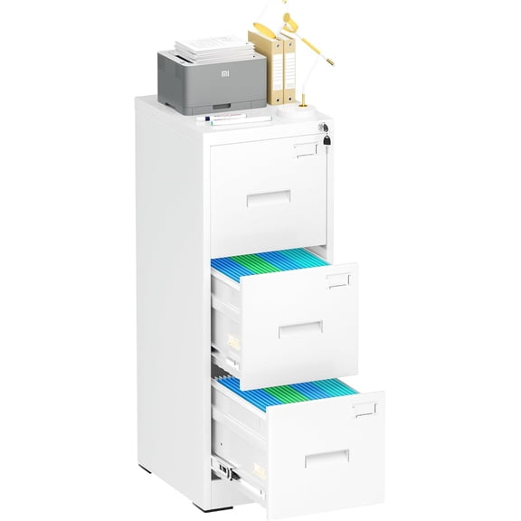 Bonusall Vertical File Cabinet with Lock 3 Drawer Locking Vertical Filing Cabinets,Metal Office File Cabinet Horizontal Filing Organizer with Hanging Rack for Legal/Letter Size, White