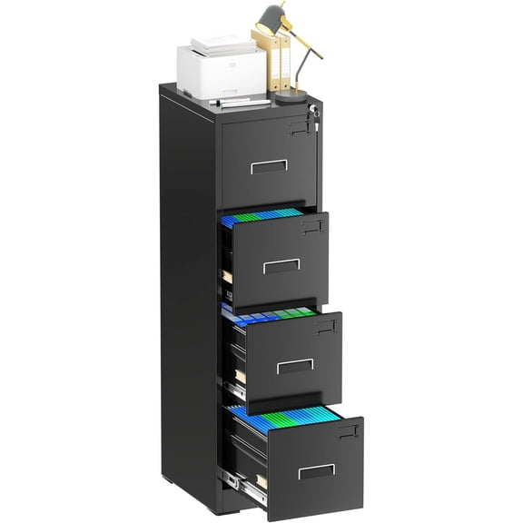 Bonusall Vertical File Cabinet with Lock, 4 Drawer Locking Vertical Filing Cabinet for Legal/Letter Size, Metal Horizontal File Organizer with Hanging Rack for Home Office, Heavy Duty, Black
