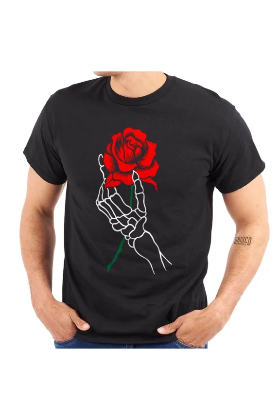 Bony Hand Holding Rose Gothic Punk Emo Skeletal Graphic Tee Unisex T-Shirt, up to Size 5XL