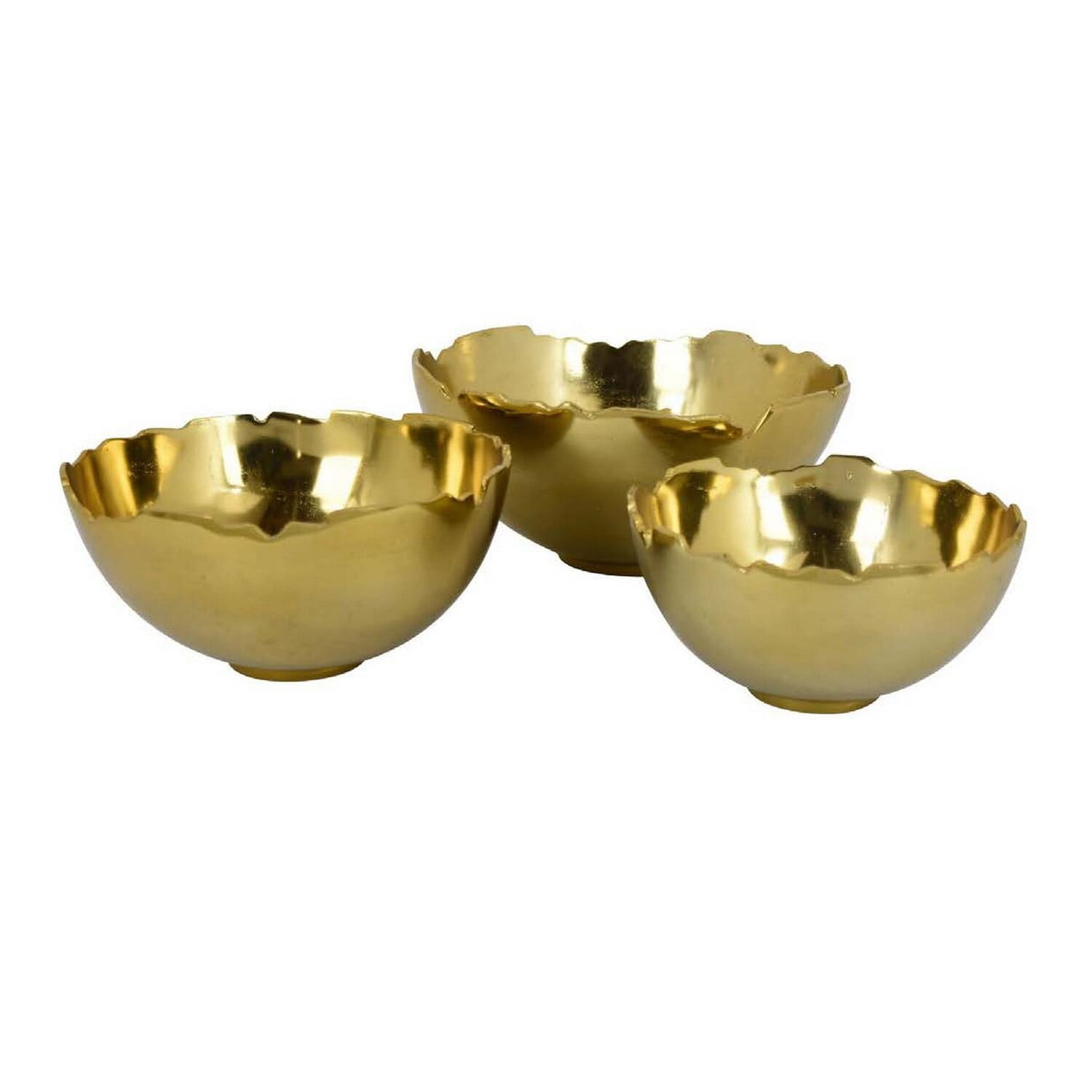 Bonz Set of 3 Bowls Unique Top Shape Round Base Gold Metal Finish