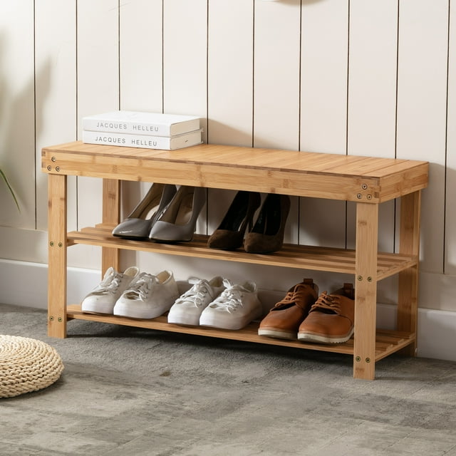 Bonzy 3Tier Bamboo Shoe Rack Bench, Sturdy Shoe Organizer for Entryway