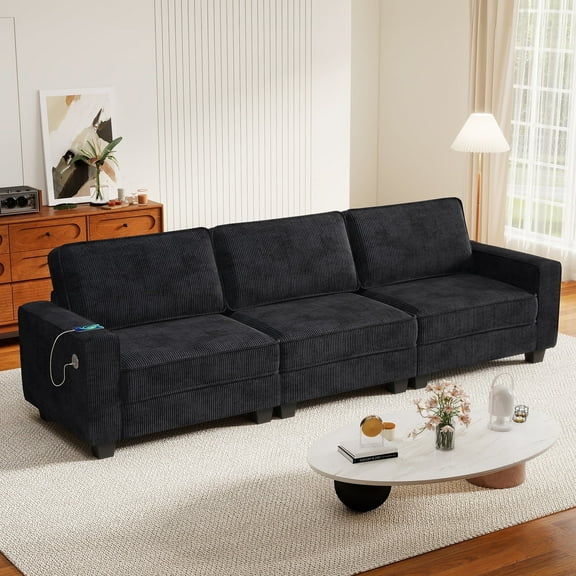 Bonzy Home 114" Oversized 3-Seater Corduroy Sofa — Deep-Seat Couch with Thick Cushions, Wide Arms & USB/Type-C Charging Ports