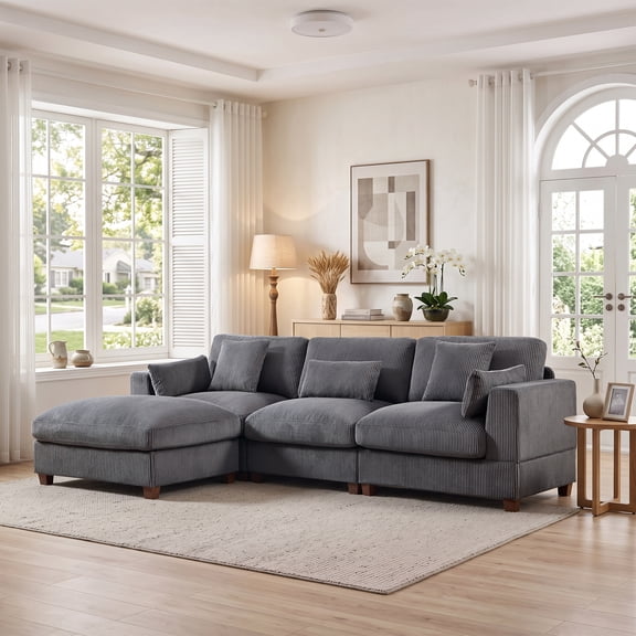 Bonzy Home 144" L-Shaped Modular Sectional Sofa with Ottoman, Modern Ultra-Comfort Corduroy Couch Seating - Configurable for Living Room & Family Room, Gray
