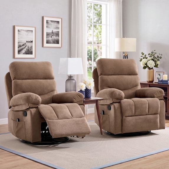 Bonzy Home 2 Pack Manual Recliner Chairs with Massage & Heat, Soft Fabric Double Reclining Single Sofa Set with Overstuffed Armrest & Backrest, Light Brown