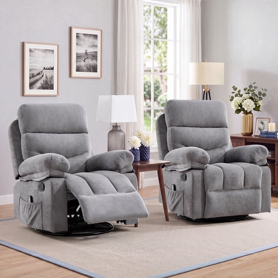 Bonzy Home 2 Pack Manual Recliner Chairs with Massage & Heat, Soft Fabric Double Reclining Single Sofa Set with Overstuffed Armrest & Backrest, Recliner Chairs with Side Pocket for Living Room, Gray