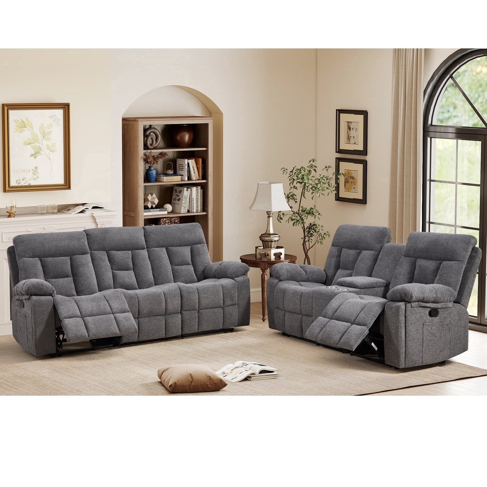 Bonzy Home 2-Piece Recliner Sofa Set — Reclining Loveseat & Extra-Wide 3-Seat Bonded Fabric Sofa, Gray