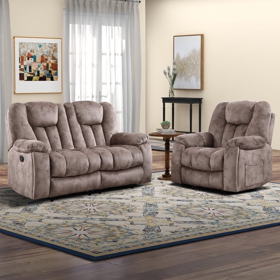 Bonzy Home 2-Piece Manyal Reclining Sofa Set ,Recliner chair with Massage & Heat and Sofa Reclining Loveseat, Brown