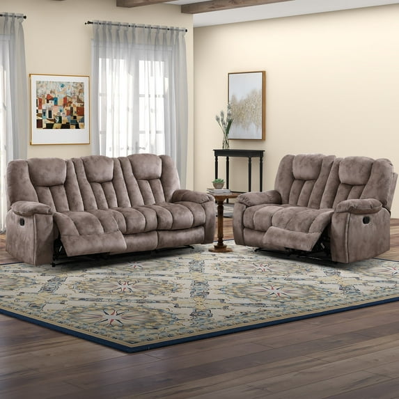 Bonzy Home 2-Piece Manual Recliner Sofa Set, Overstuffed Reclining Loveseat and Wide 3PC Recliner Chairs Sofa for living room, Brown