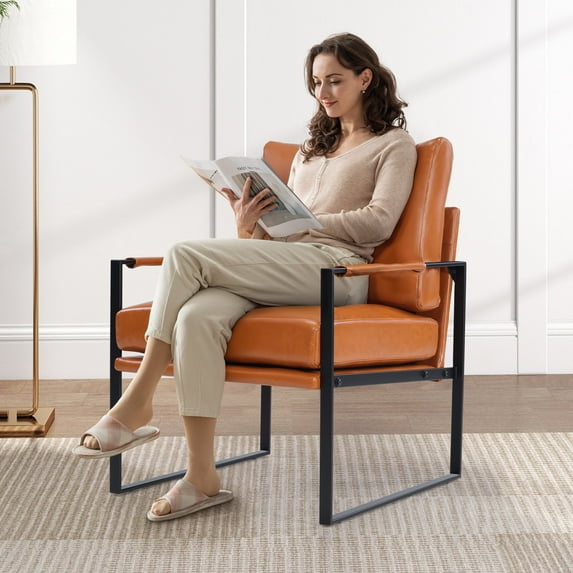 Bonzy Home Modern Armchair with Metal Frame,Leather Arm Chair Plush Upholstered Accent Chair for Living Room, Bedroom, or Office(Max 300lbs,Orange)