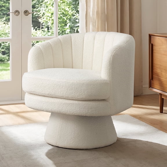 Ebello 29" Swivel Chair, 360° Modern Barrel Rotating Sherpa Teddy Fabric Accent Chair with Curved Back, Plush Cushion & Armrests for Living Room, Bedroom, Beige