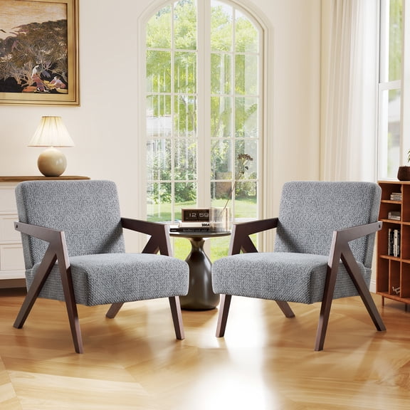 Bonzy Home Modern Accent Chairs Set of 2 – Small Plaid Fabric Armchairs for Living Room, Bedroom, Office, 300lbs (Gray)