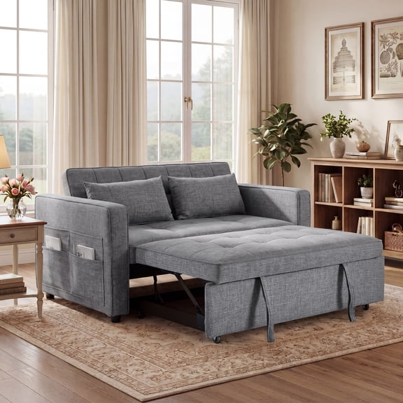 Bonzy Home 3 in 1 Convertible Sleeper Sofa Bed, 2-Seater Futon Couch with Storage Pockets, Adjustable Backrest & Pillows for Small Space, Living Room, Gray