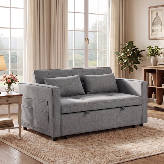 Bonzy Home 3 in 1 Convertible Sleeper Sofa Bed, 2-Seater Futon Couch with Storage Pockets, Adjustable Backrest & Pillows for Small Space, Living Room, Gray