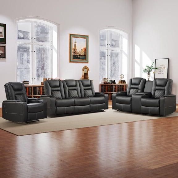Bonzy Home 3‑Piece Electric Power Recliner Sofa Set, 1‑Seat Chair, Console Loveseat & 3‑Seat Couch, Home Theater Living Room Furniture, Cup Holders, Hidden Arm Storage, USB Ports, Black