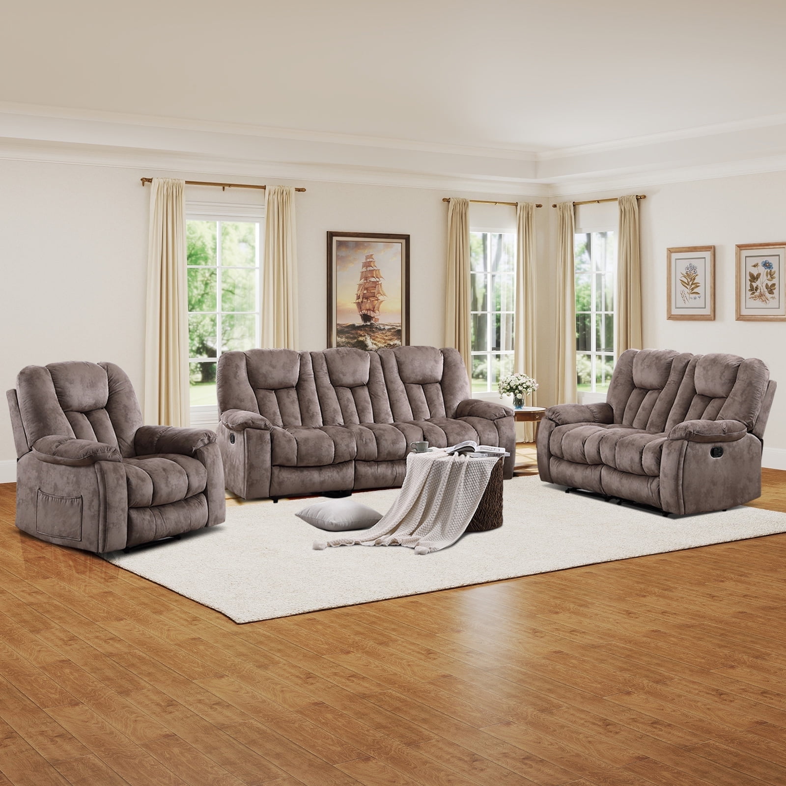 Bonzy Home 3-Piece Recliner Sofa Set Manual Recliner with Massage & Heat, Reclining Loveseat and 3-Seat Reclining Sofa Couch, Brown