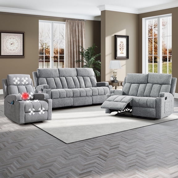 Bonzy Home 3 Pieces Recliner Sofa Furniture Set, Manual Recliner with Massage and Heat, Loveseat Recliner Chair and 3 Seat Reclining Couch Set for Living Room, Light Gray(Recliner Loveseat Sofa)