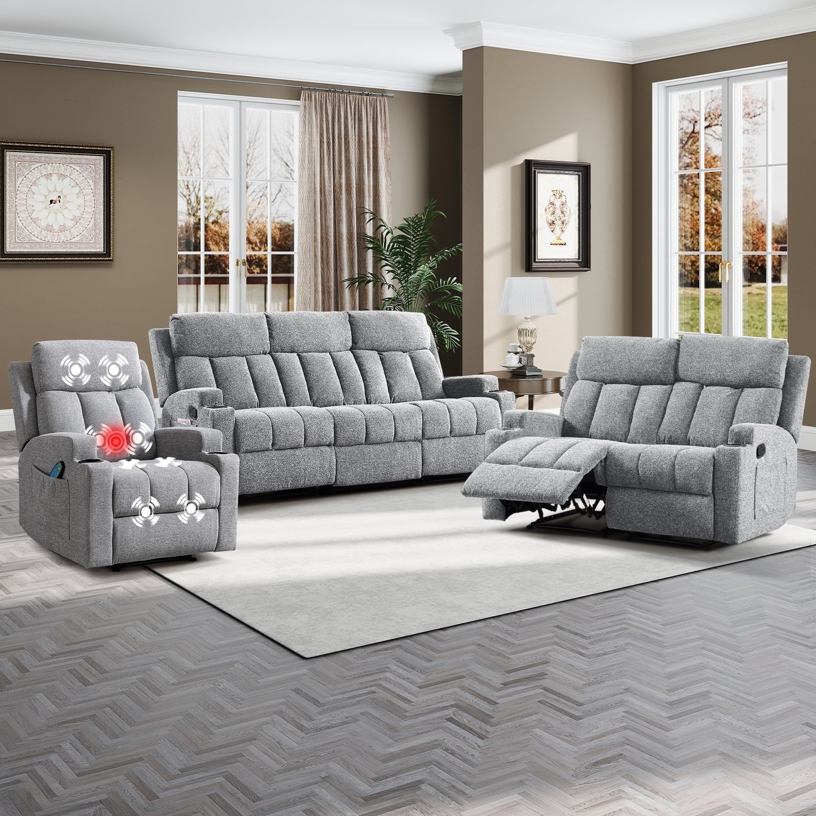 Bonzy Home 3 Pieces Recliner Sofa Furniture Set, Manual Recliner with ...