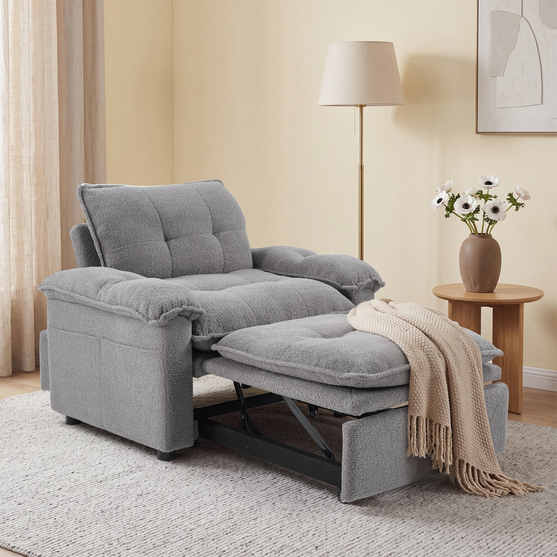 Bonzy Home 3-in-1 Pull Out Sofa Bed Chair, Soft Fabric Convertible Design with Side Storage, Gray