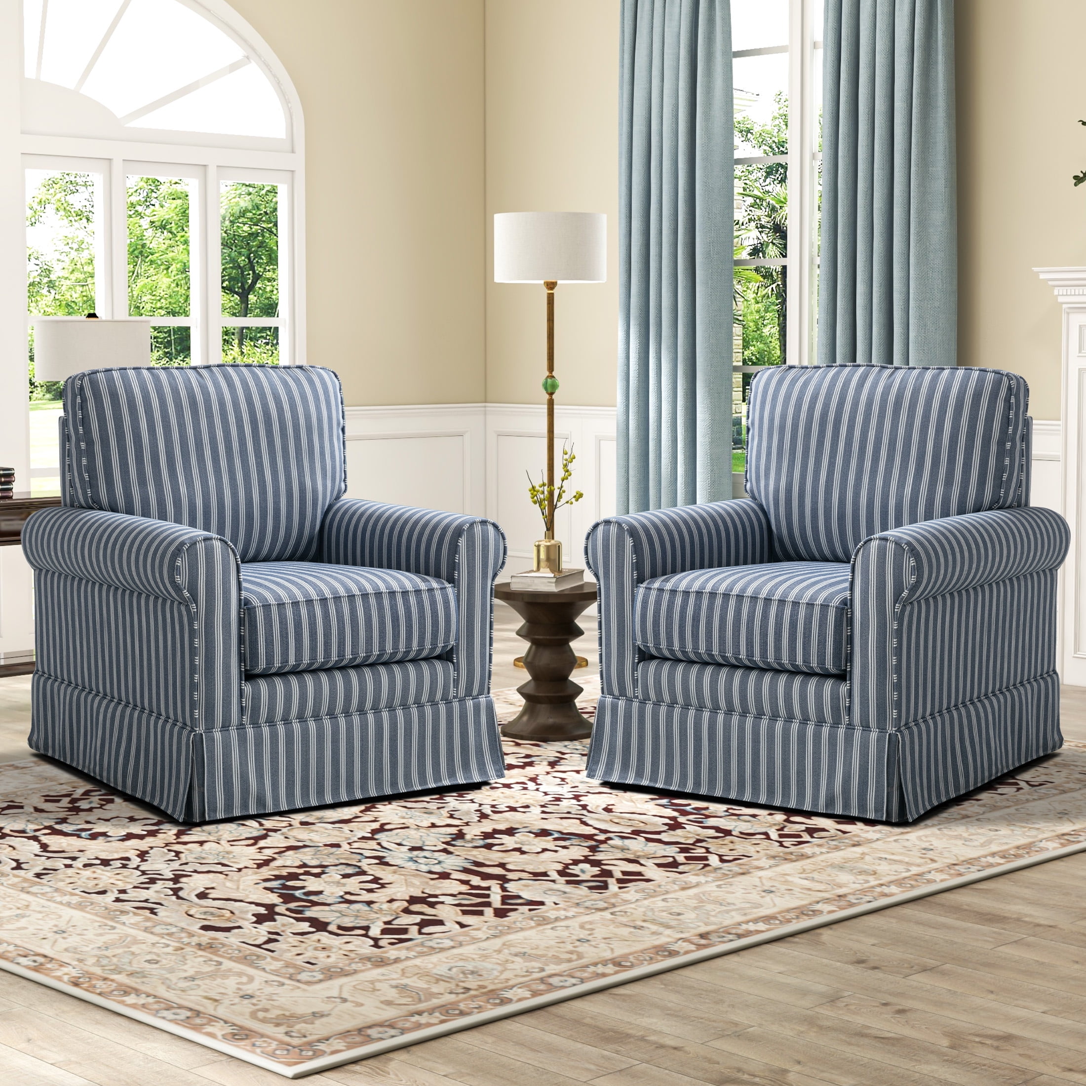 Bonzy Home 30" Wide Bohemian Cotton Blend Vertical Blue Stripe Sloped Arm Swivel Accent Chairs for Adults,Blue(Set of 2) - Walmart.com