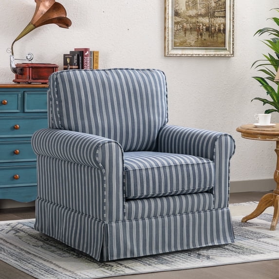 Ebello 30" Wide Bohemian Cotton Blend Vertical Stripe Sloped Arm Swivel Accent Chairs for Adults, Blue