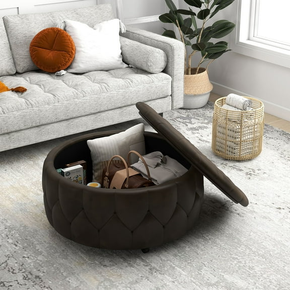 Bonzy Home 36" Wide Storage Ottoman with 4 Wheels – Tufted Round Rolling Ottoman with Removable Lid, Coffee Table & 4 Hidden Stools