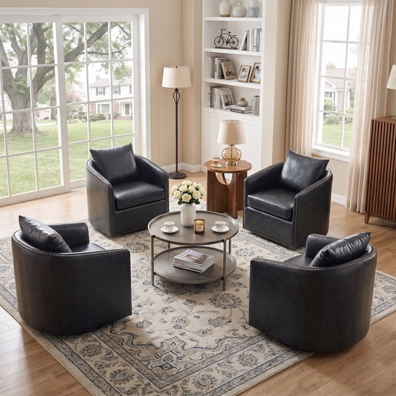 Bonzy Home 360° Swivel Accent Chair with Throw Pillow, PU Leather Mid Century Modern Armchair with Rivets, Comfy Swivel Barrel Chair for Living Room Bedroom, Navy