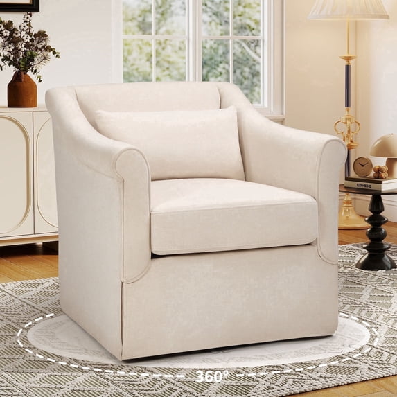 Bonzy Home 360° Swivel Accent Chair, Upholstered Fabric Leisure Armchair with Lumbar Pillow & Removable Cushions, Single Sofa Chair for Living Room Bedroom, Off-white