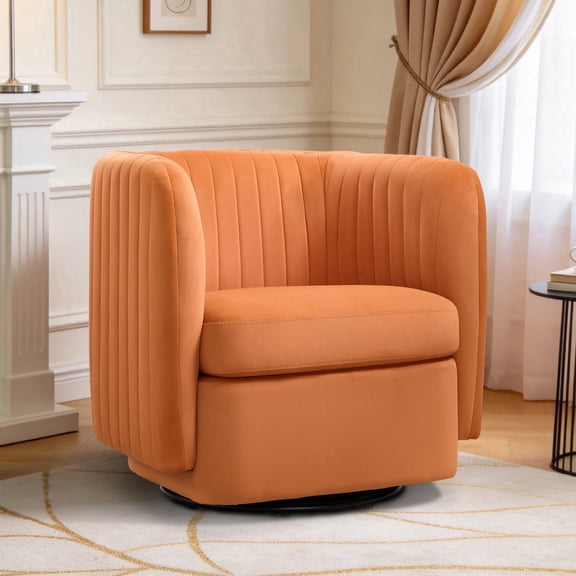 Bonzy Home 360° Swivel Accent Chair, Upholstered Velvet Barrel Chair with Plush Padded Backrest, Modern Swivel Armchair for Living Room Bedroom, Orange