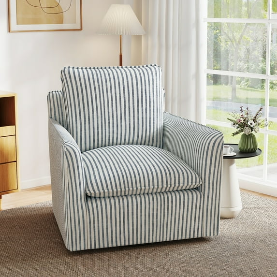 Bonzy Home 360° Swivel Chair with Thick Cushion – Blue Stripe Fabric Accent Chair for Living Room, Bedroom, Office – Fully Assembled