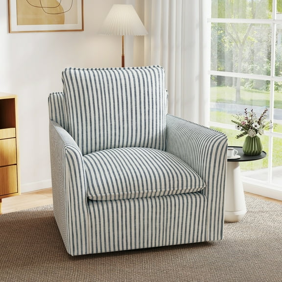Bonzy Home 360° Swivel Chair with Thick Cushion – Blue Stripe Fabric Accent Chair for Living Room, Bedroom, Office – Fully Assembled