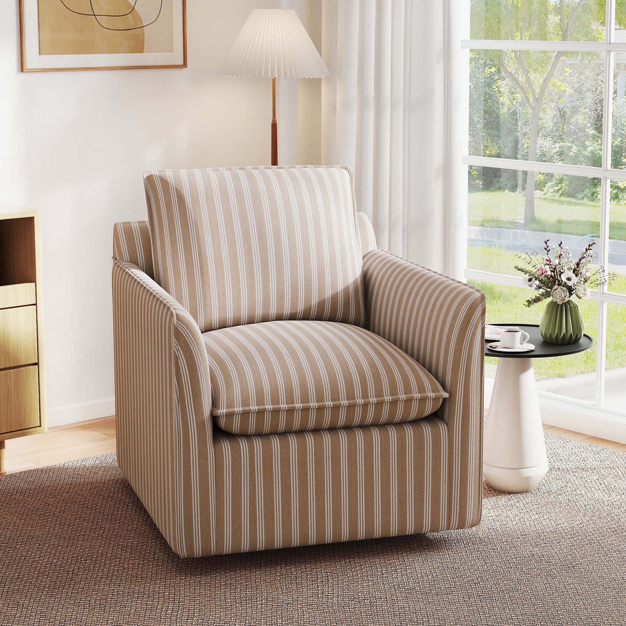 Ebello 360° Swivel Chair with Thick Cushion – Brown Stripe Fabric Accent Chair for Living Room, Bedroom, Office – Fully Assembled