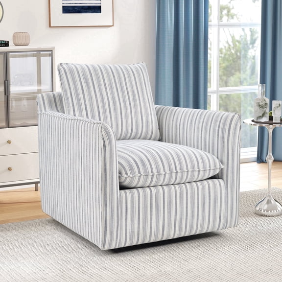 Ebello 360° Swivel Chair with Thick Padded Backrest Cushion – Fabric Square Accent Chair for Living Room, Bedroom, Office – Fully Assembled, Light Blue Stripe