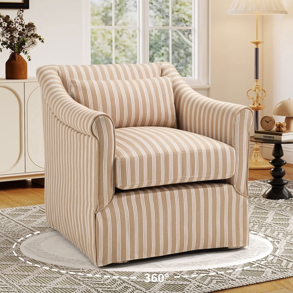Bonzy Home 360° Swivel Striped Accent Chair, Upholstered Fabric Leisure Armchair with Removable Cushions, Brown & White Stripe