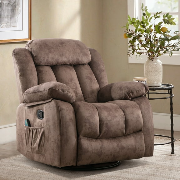 Bonzy Home 37" Wide Adult Overstuffed Soft Velvet Manual Swivel Recliner Chair for Living Room,Brown