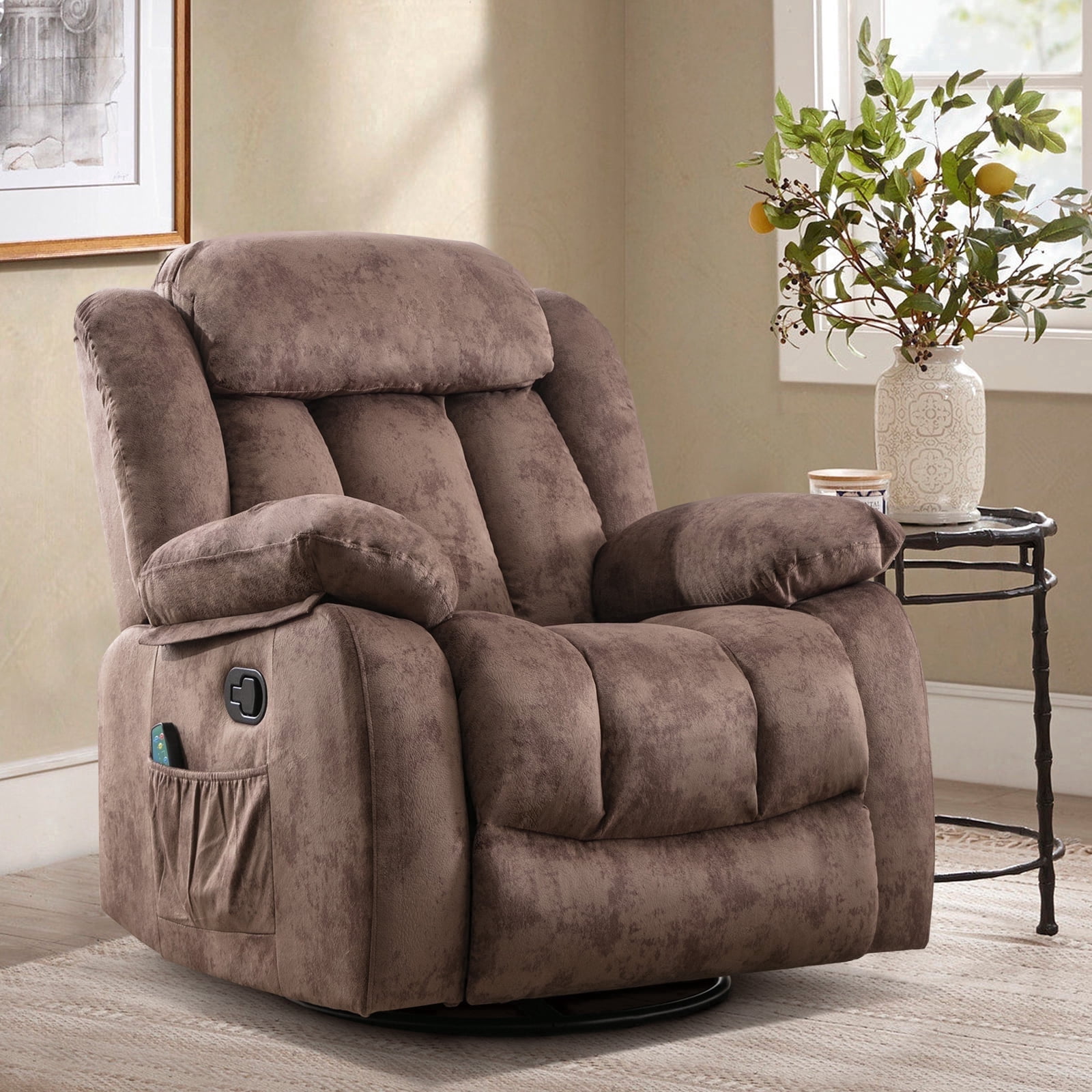 Ebello 37" Wide Adult Overstuffed Soft Velvet Manual Swivel Rocking Recliner Chair for Living Room, Brown