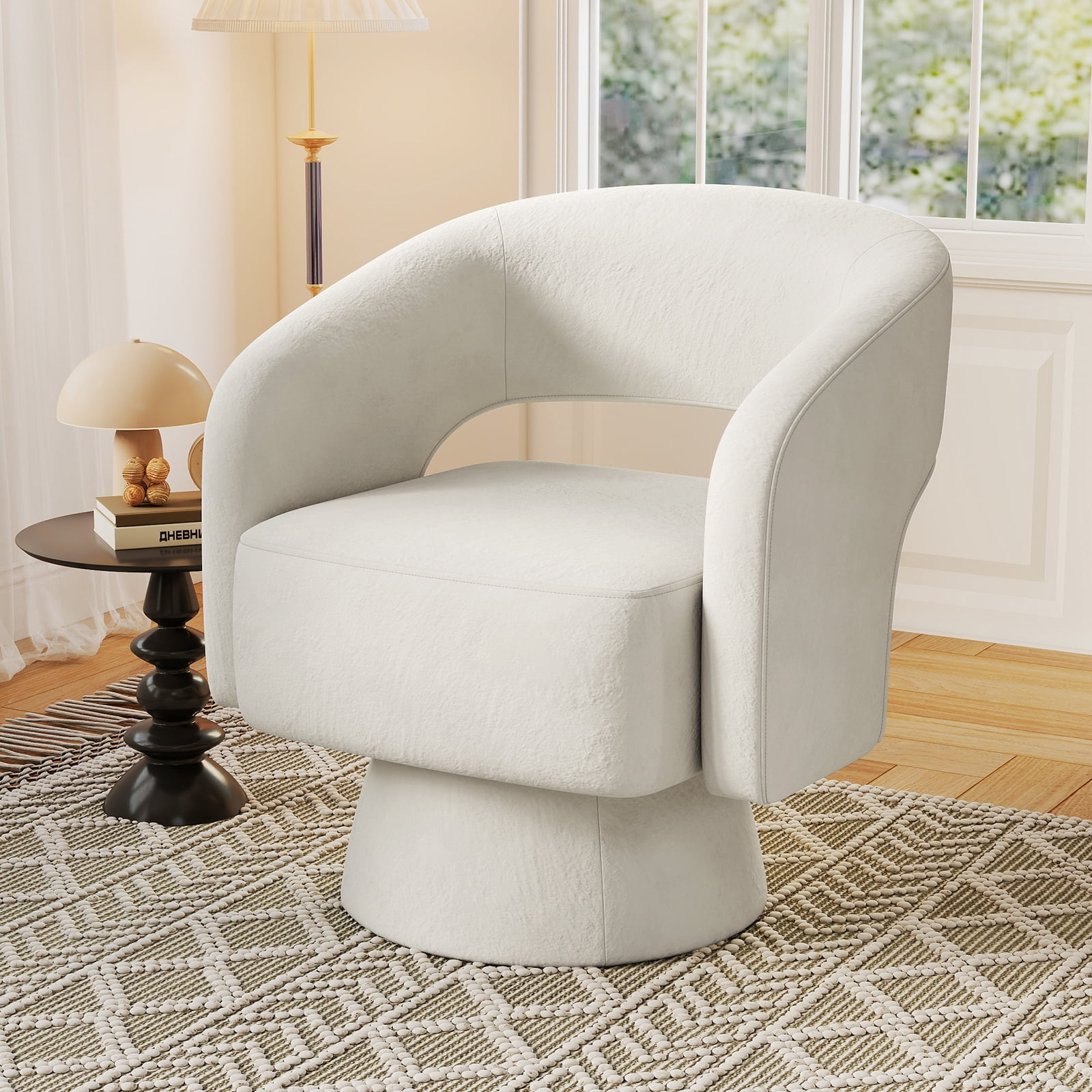 Ebello 360° Swivel Barrel Chair, Velvet Accent Armchair for Living Room, Bedroom & Office, Beige