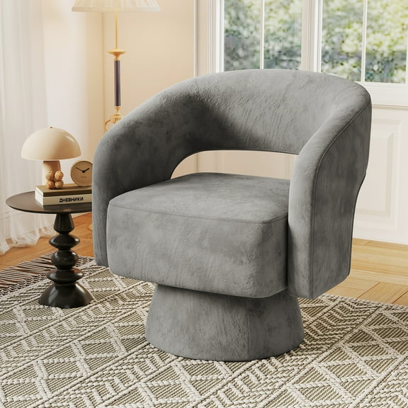 Ebello 360° Swivel Barrel Chair, Velvet Accent Armchair for Living Room, Bedroom & Office, Gray