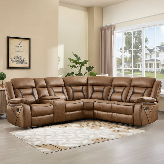 Bonzy Home 5‑Seat Reclining Chair Sofa with Center Console, Hidden Storage & Cup Holders Couch for Living Room & Meeting Room