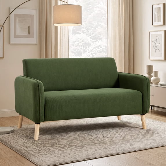 Bonzy Home 57.28" Loveseat Sofa, 2-Seater Short Plush Fabric Small Couch with Solid Wood Legs, Modern Compact Upholstered Sofa for Living Room Apartment Bedroom, Green