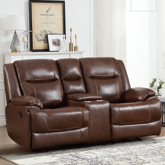 Bonzy Home Premium Genuine Leather Manual Reclining Loveseat , Overstuffed Loveseat with Center Console, Storage and Cup Holder, Oversized Heavy Duty Sofa for Living Room, Brown