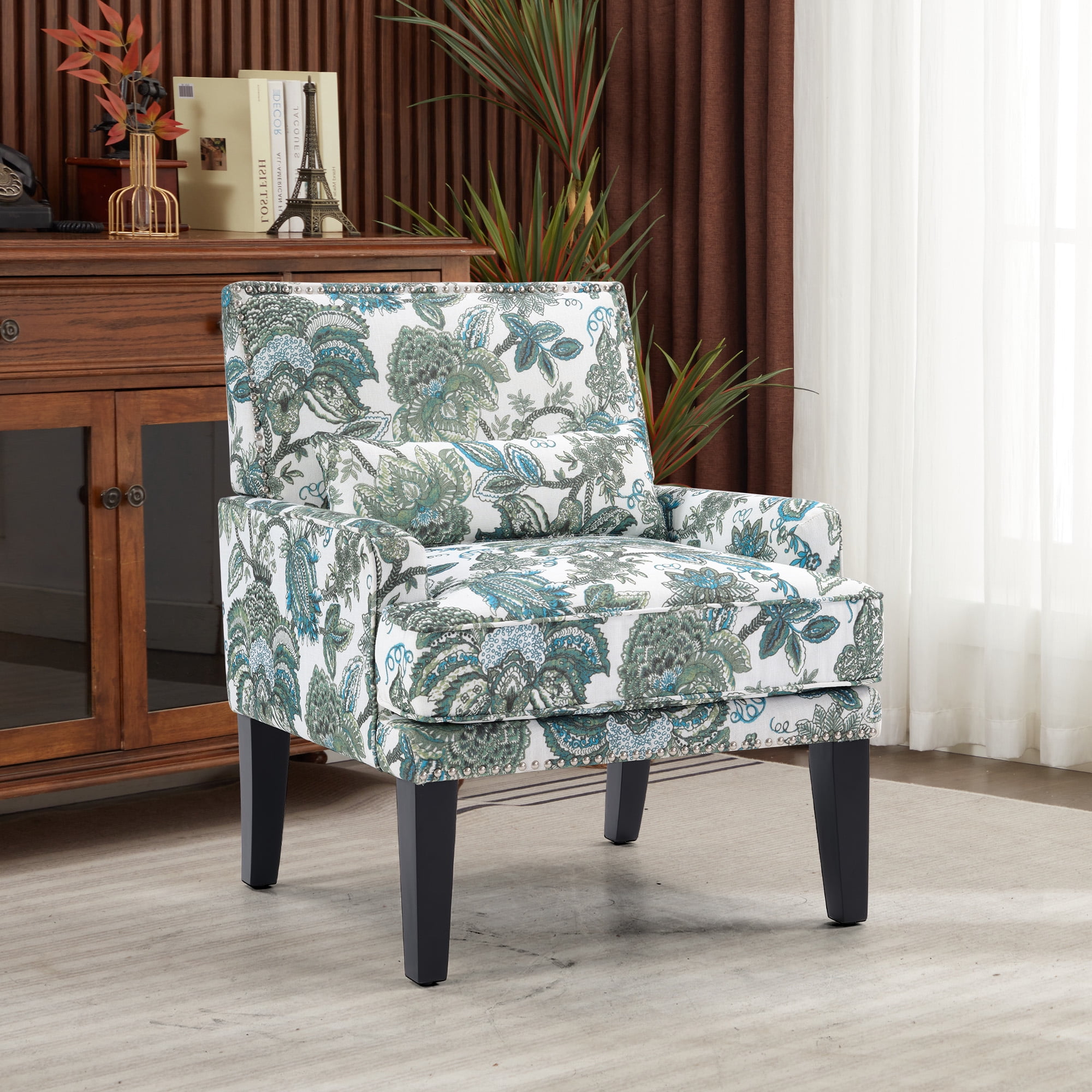Bonzy Home Modern Floral Print Accent Chair with Arms and Wooden Legs, Mid‑Century High‑Back Wing Chair with Padded Armrests & Cushioned Seat for Living Room, Blue Green Floral