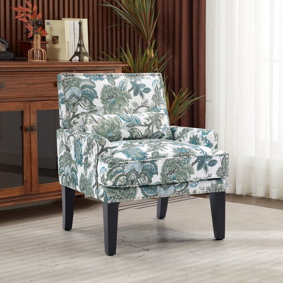 Bonzy Home Modern Floral Print Accent Chair with Arms and Wooden Legs, Mid‑Century High‑Back Wing Chair with Padded Armrests & Cushioned Seat for Living Room, Blue Green Floral