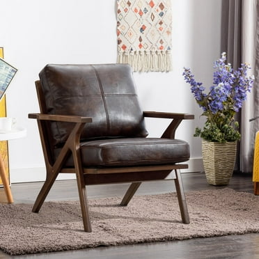 Bonzy Home Accent Armhair with Solid Wood Frame and Removable Cushions, Upholstered Leather,Dark